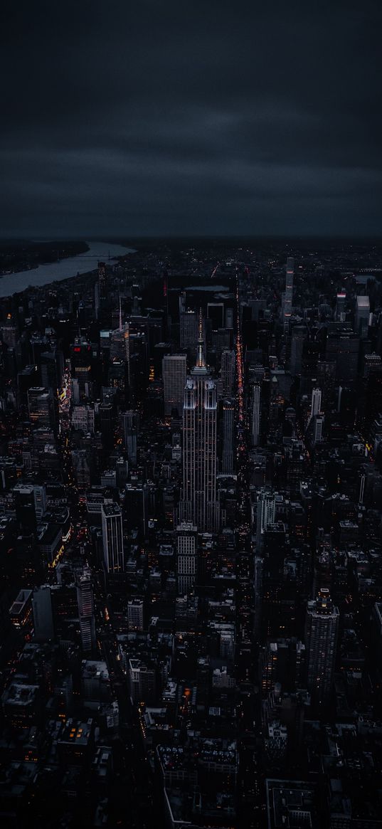 skyscrapers, houses, streets, river, city, dark, clouds, cloudy, night