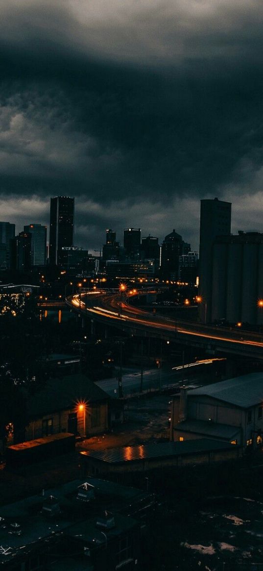 road, lights, timelapse, skyscrapers, houses, city, clouds, cloudy, dark, night