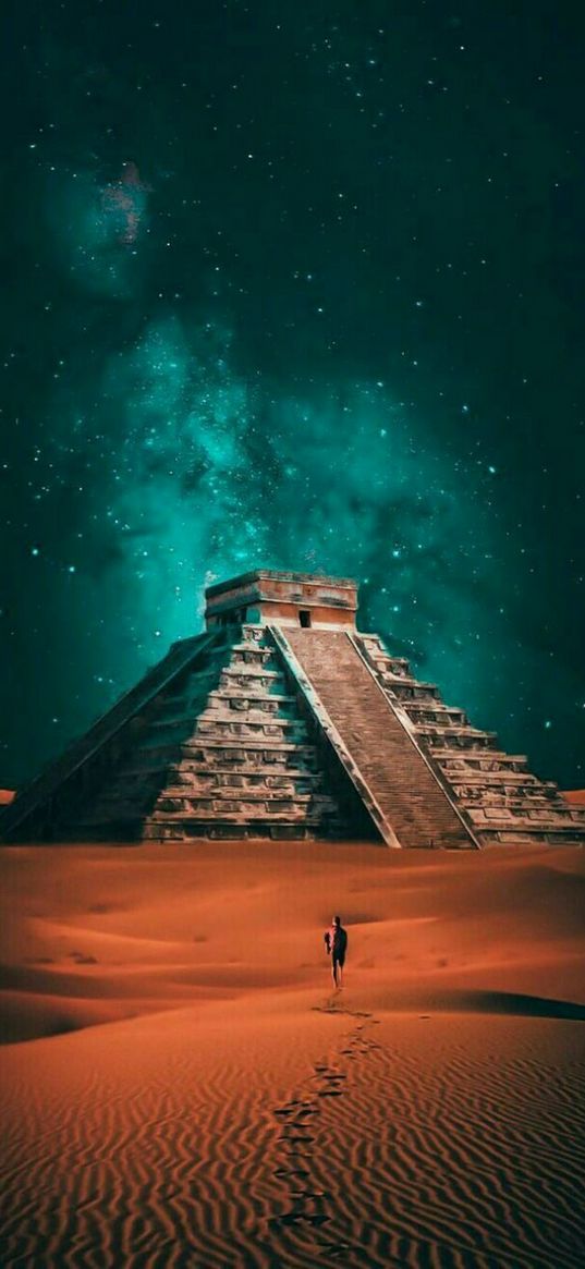 man, desert, dunes, sand, pyramid, stars, science fiction