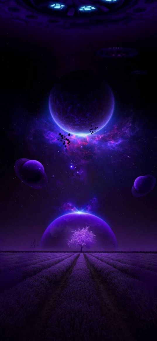 tree, field, flowers, planets, spaceship, purple, science fiction