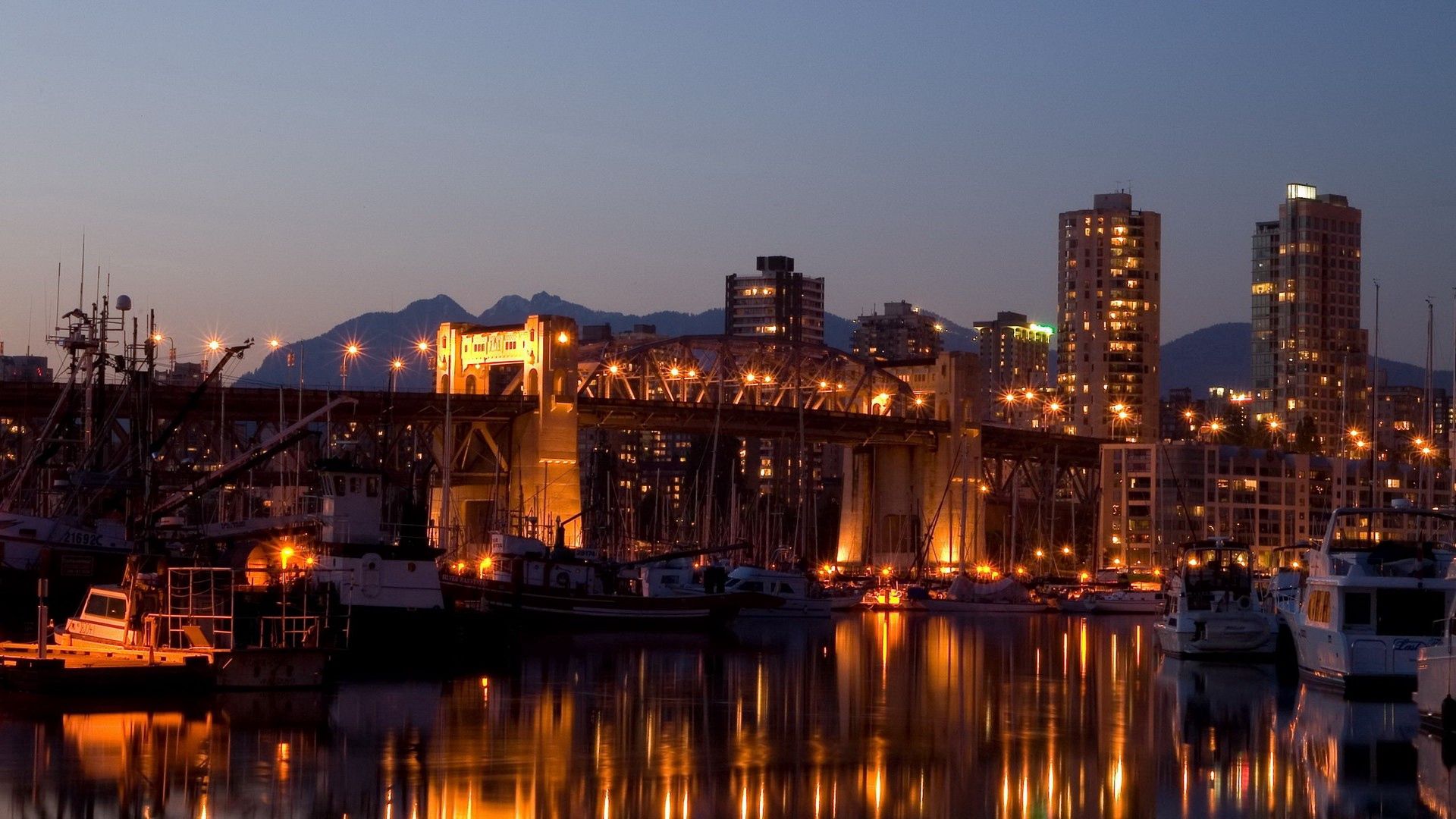 yacht, harbor, bridge, river, reflection, evening