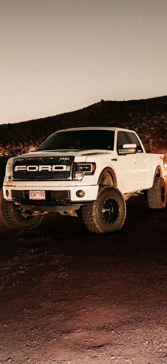 ford raptor, ford, car, suv, white, road