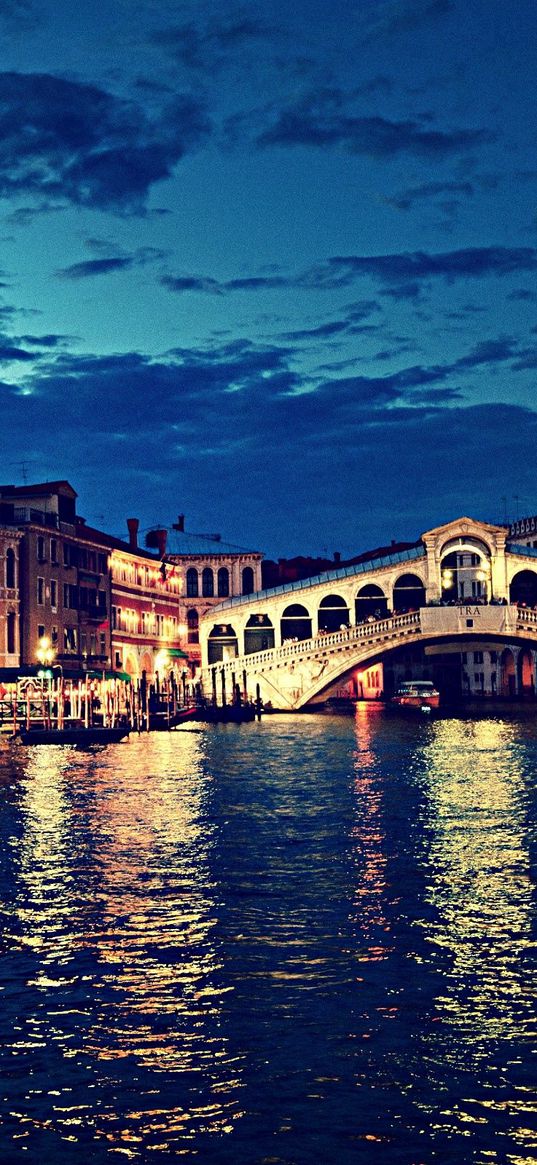 rialto bridge, italy, night, river, building