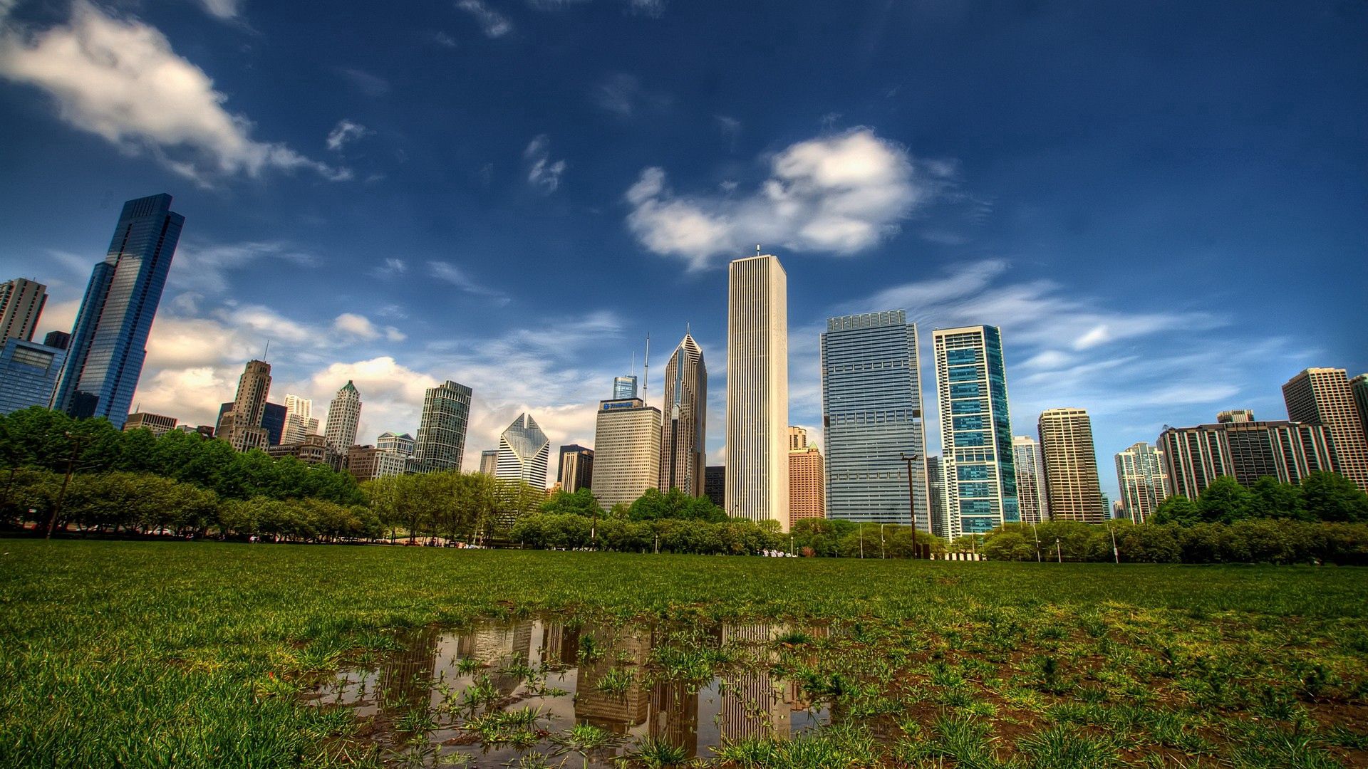 new york, manhattan, skyscrapers, central park, grass, hdr