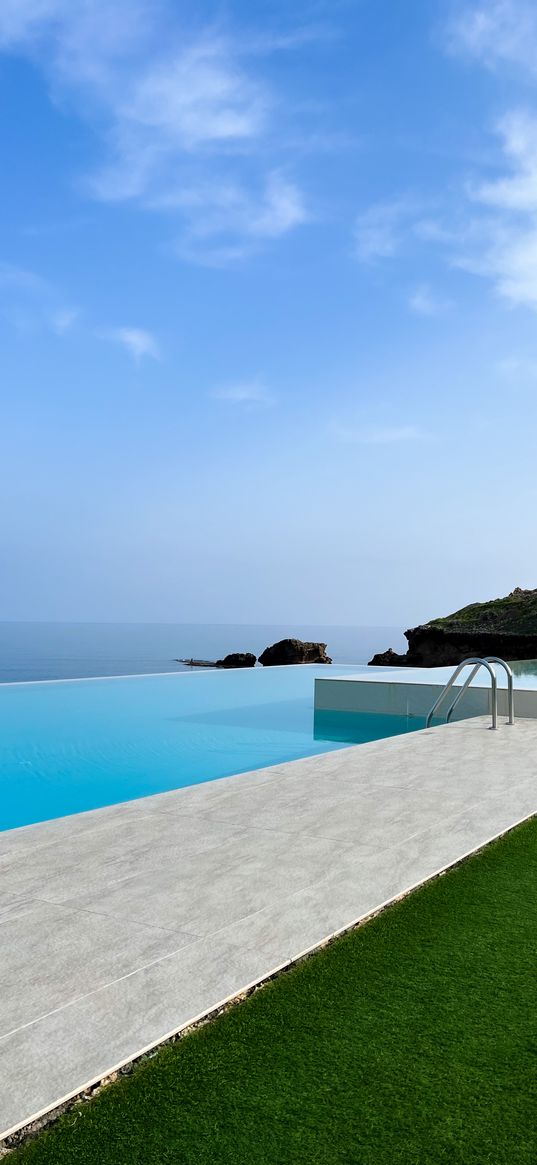 pool, sea, house, lawn, rocks