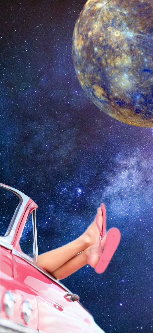 space, planet, stars, galaxy, lady, car, woman, legs