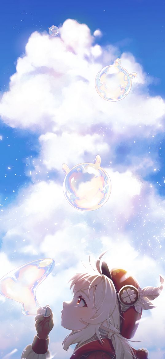 klee, genshin impact, anime, girl, art, sky, clouds, bubble, game