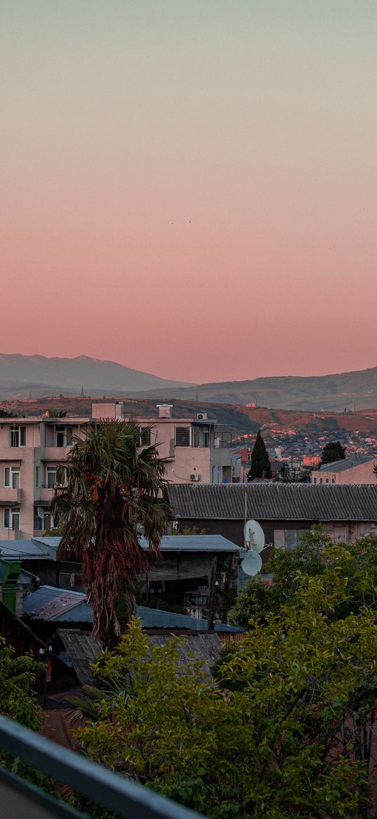 tbilisi, town, sunset, trees, houses, pink