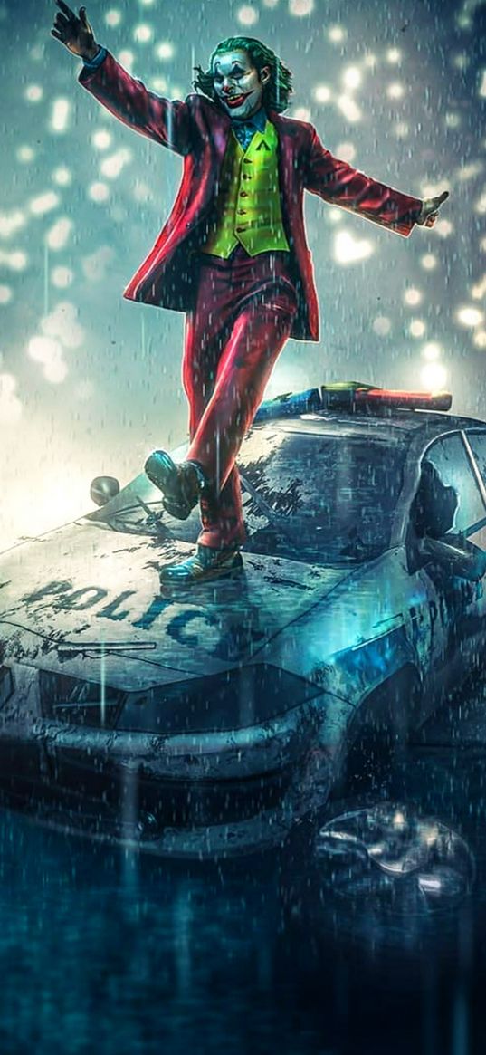 joker, villain, marvel, clown, car, police, dancing, rain, lights, art