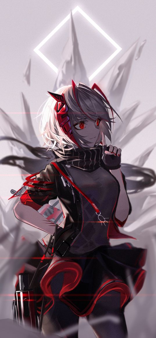 w, arknights, game, anime, girl, horns, red eyes, skirt, art