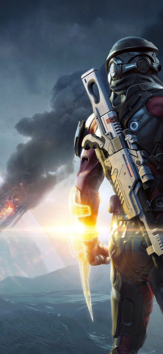 mass effect andromeda, game, soldier, weapon, spaceship, falling, explosion, planet, poster, art