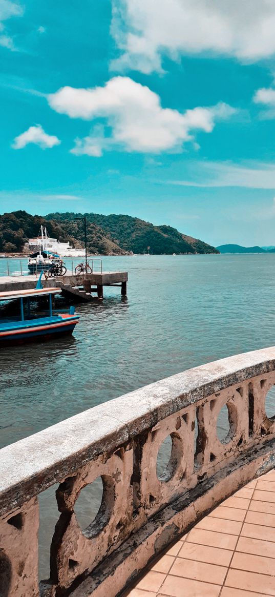 sea, mountains, pier, boat, blue sky, clouds, summer, brazil