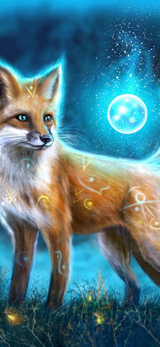 fox, animal, kitsune, symbols, moon, ball, fireflies, art