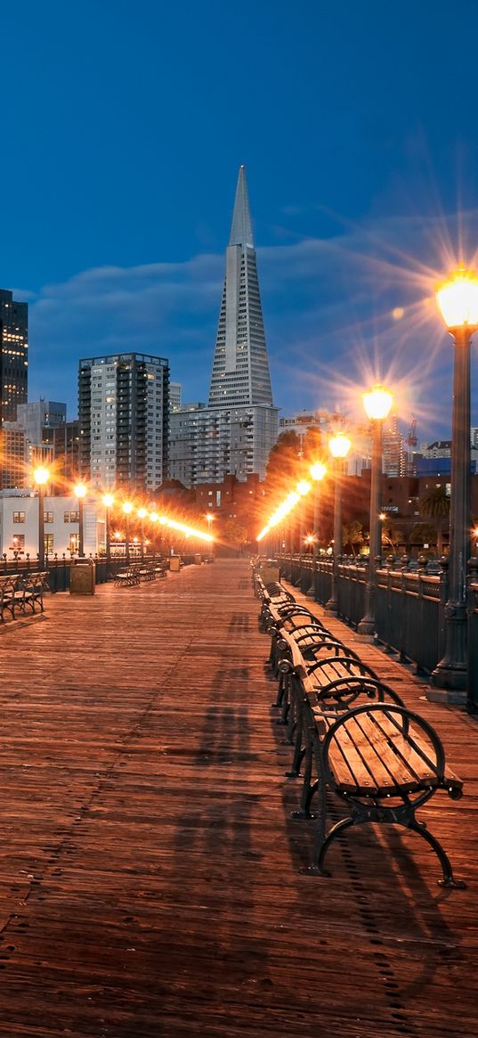 town, shops, walking bridge, lights