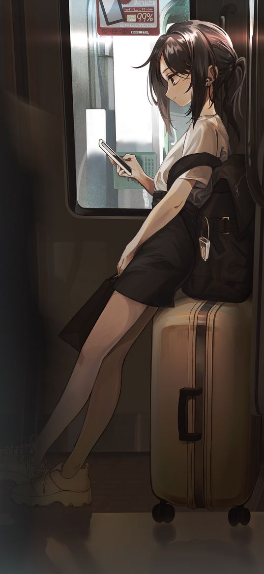 girl, anime, art, train, phone, suitcase, backpack