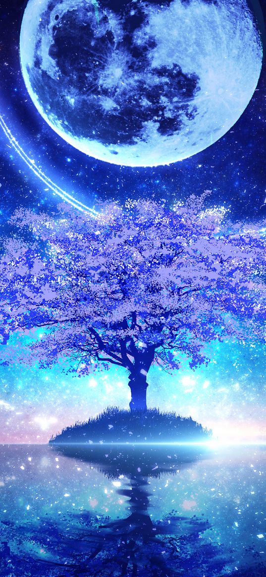 art, moon, tree, sky, stars