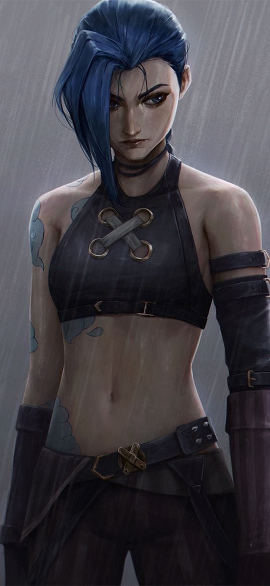 jinx, league of legends, arcane, anime, girl, game, art, tattoo, rain