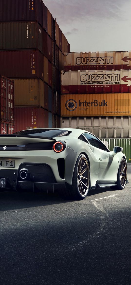 ferrari 488, ferrari, sports car, car, white, containers