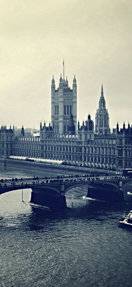 london, big ben, night, river, building, top view, black white