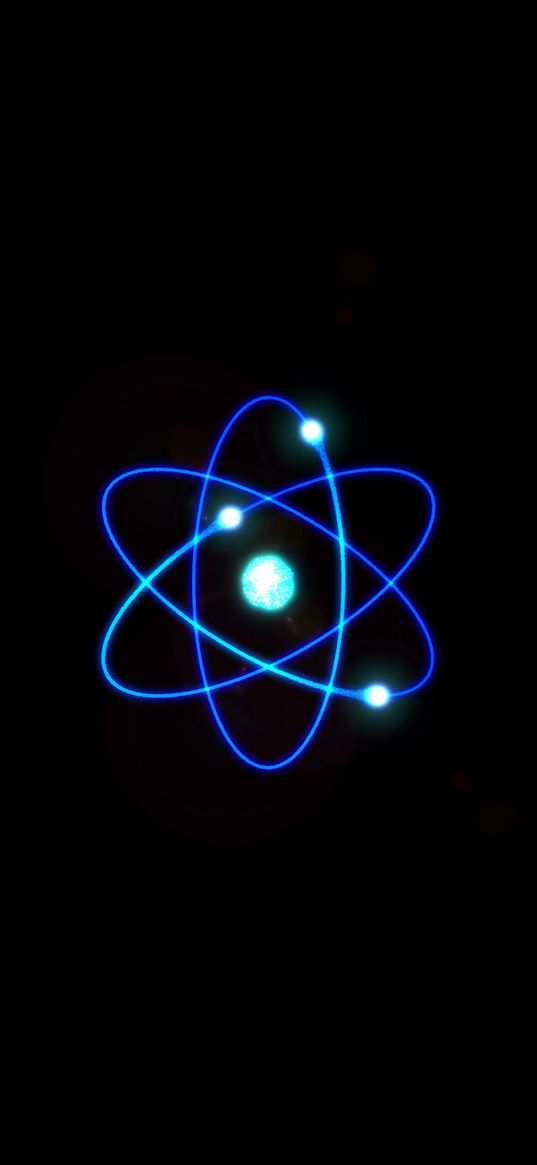 atom, molecule, physics, symbol, blue, black background, art