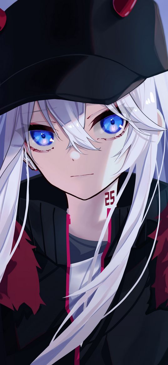 girl, gray hair, blue eyes, cap, horns, jacket, anime, art