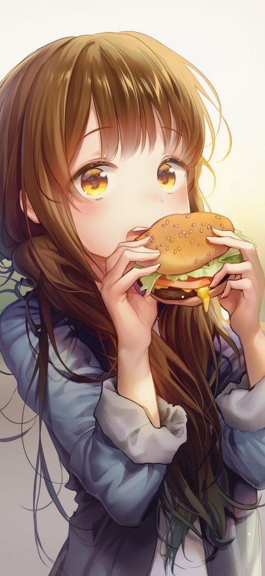 girl, yellow eyes, burger, eating, cute, anime, art