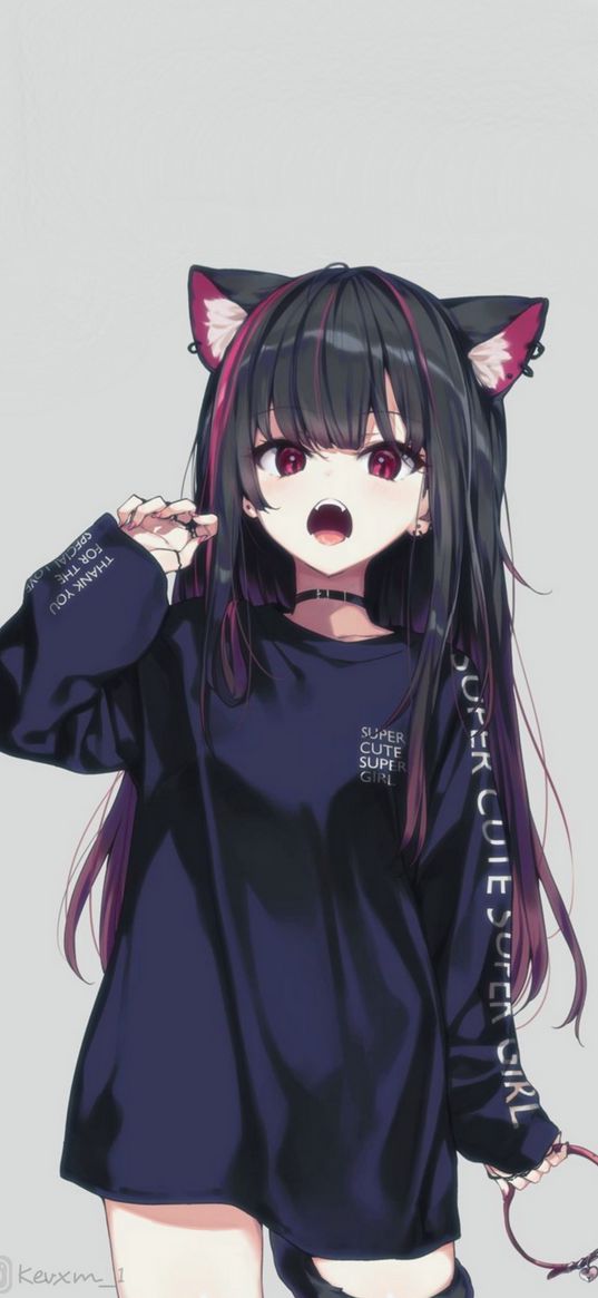 neko, girl, ears, choker, fangs, anime, art