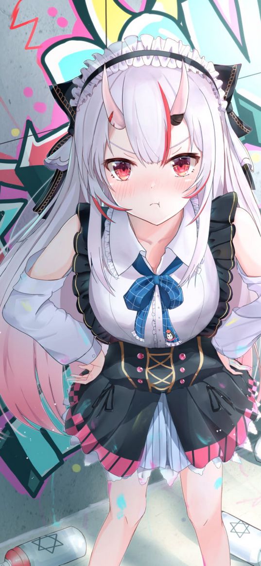 nakiri ayame, hololive, anime, girl, gray hair, horns, red eyes, skirt, paint, graffiti, angry, art