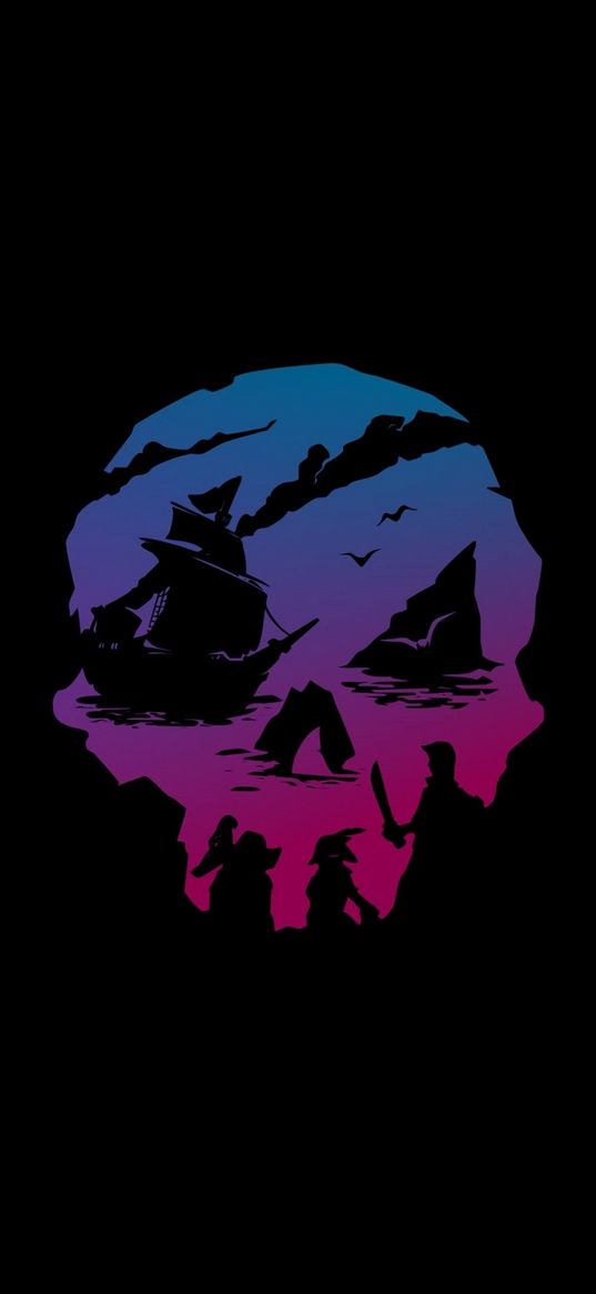 skull, ship, pirates, purple, black background, art