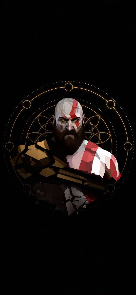 kratos, god of war, game, man, beard, tattoo, minimalism, black background, art