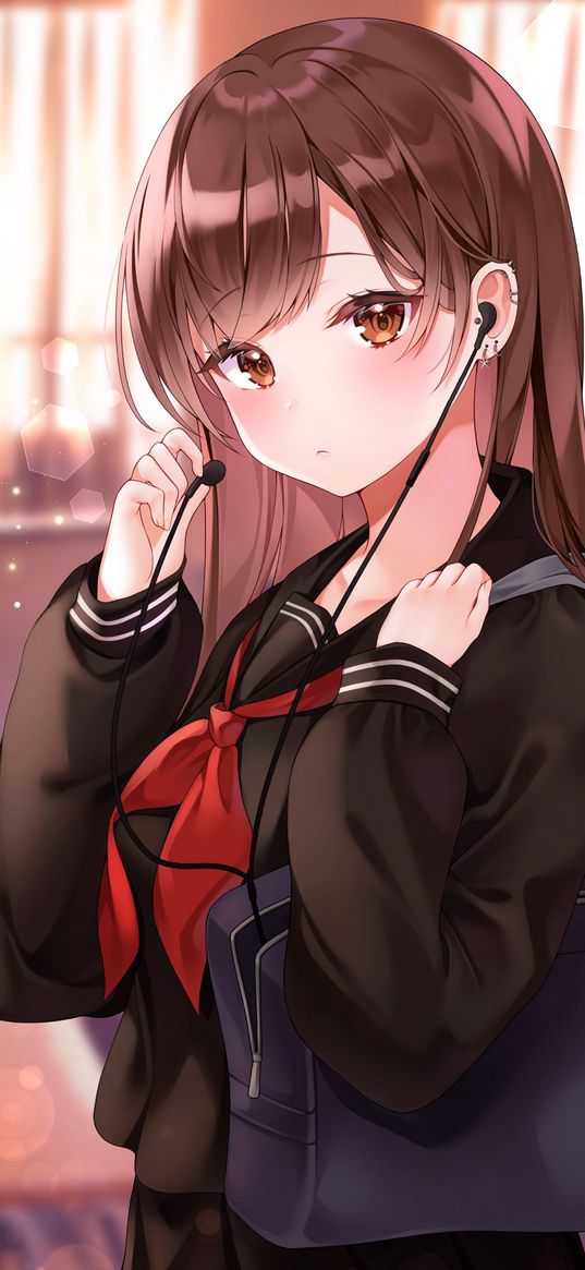 girl, brown eyes, headphones, cute, beautiful, music, anime, art