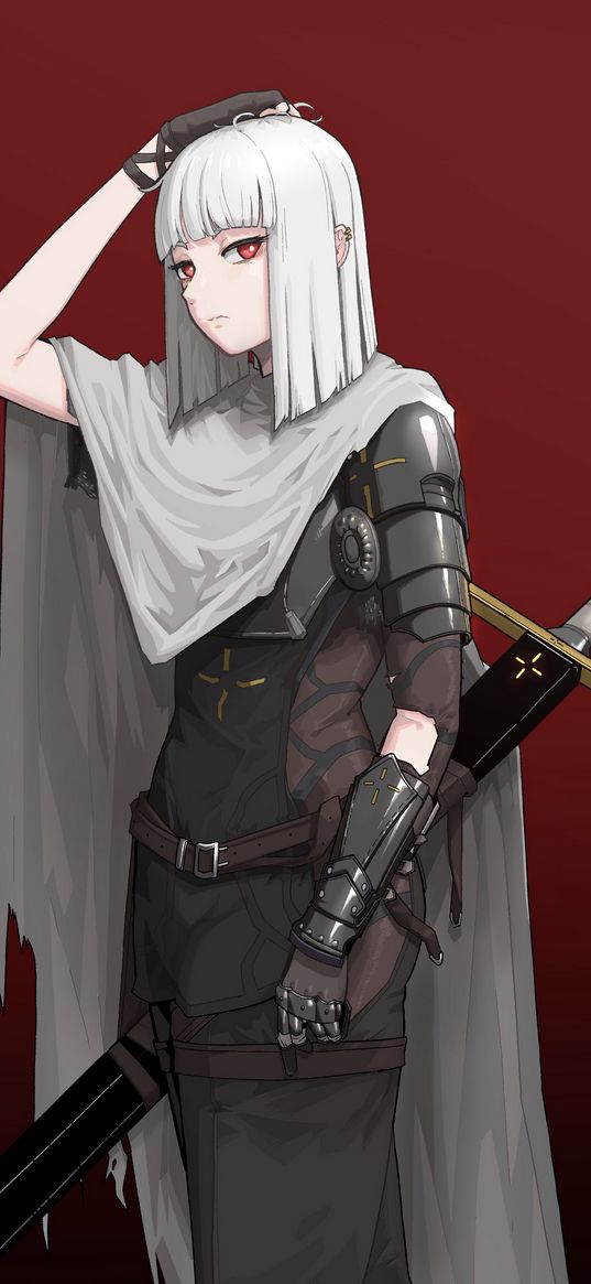 girl, knight, gray hair, red eyes, armor, sword, red background, anime, art