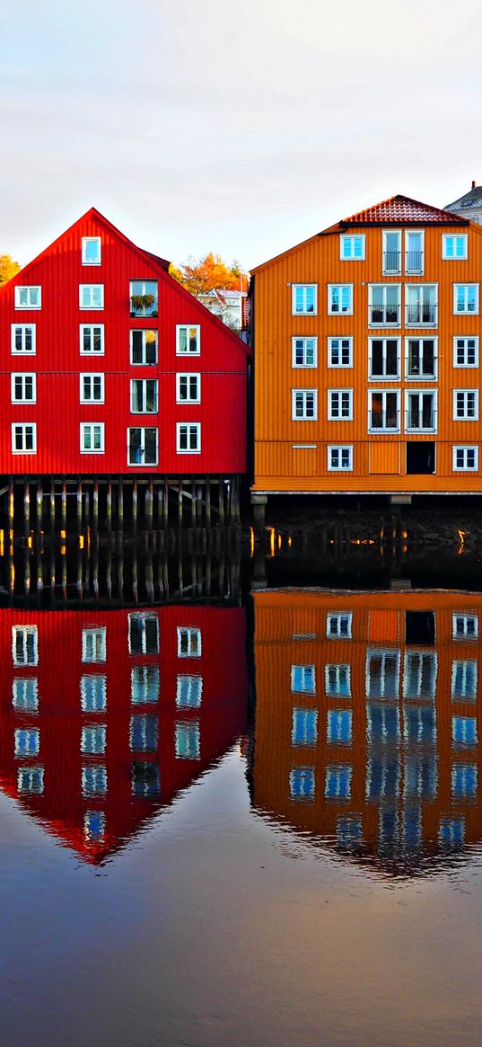 houses, facade, water, reflection, architecture, candinavia, scandinavia