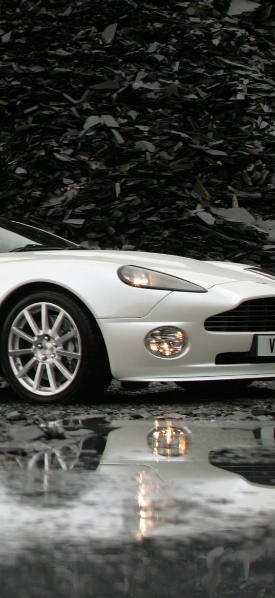 aston martin, v12, vanquish, 2004, white, side view, reflection