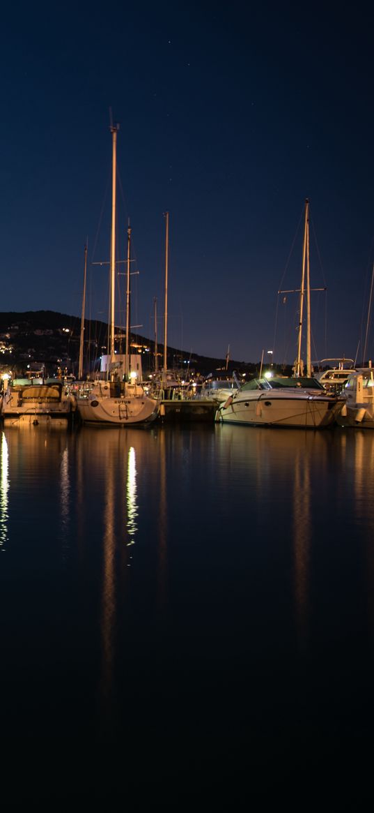 pier, boats, lake, reflection, night