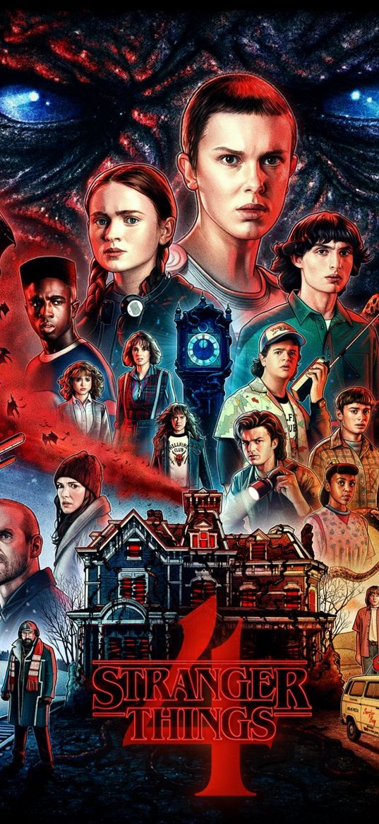 stranger things, season 4, tv series, house, characters, monster, poster, art