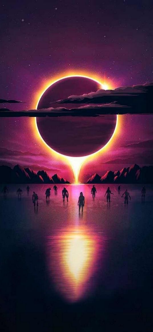 eclipse, lake, people, zombies, mountains, clouds, art