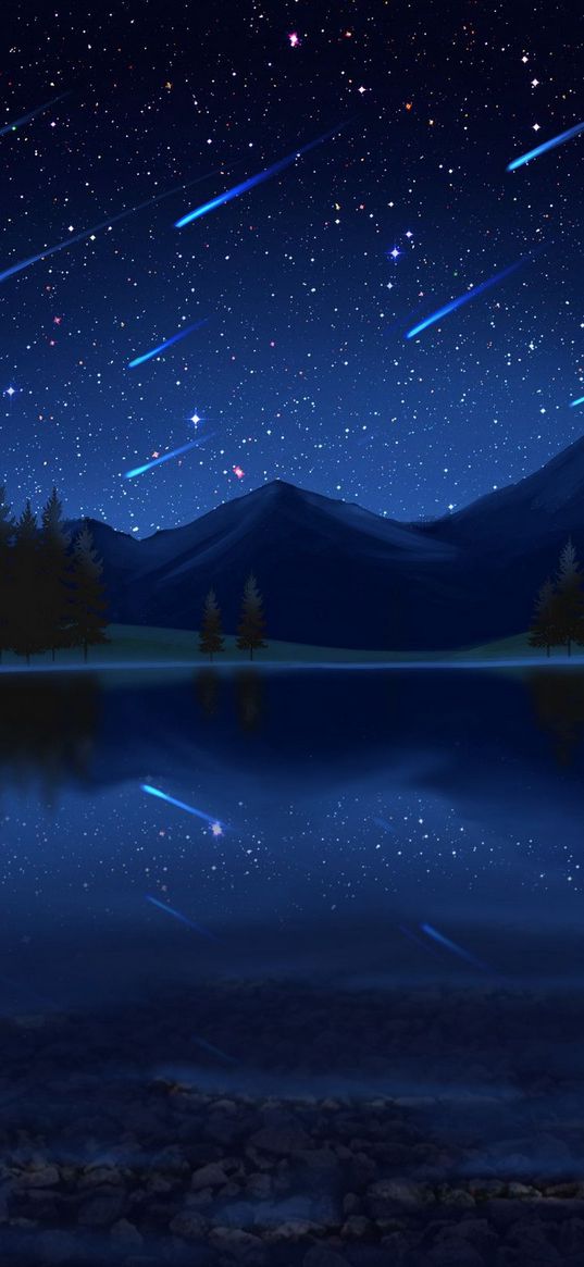 lake, reflection, forest, mountains, starry sky, comets, starfall, stars, nature, night, art