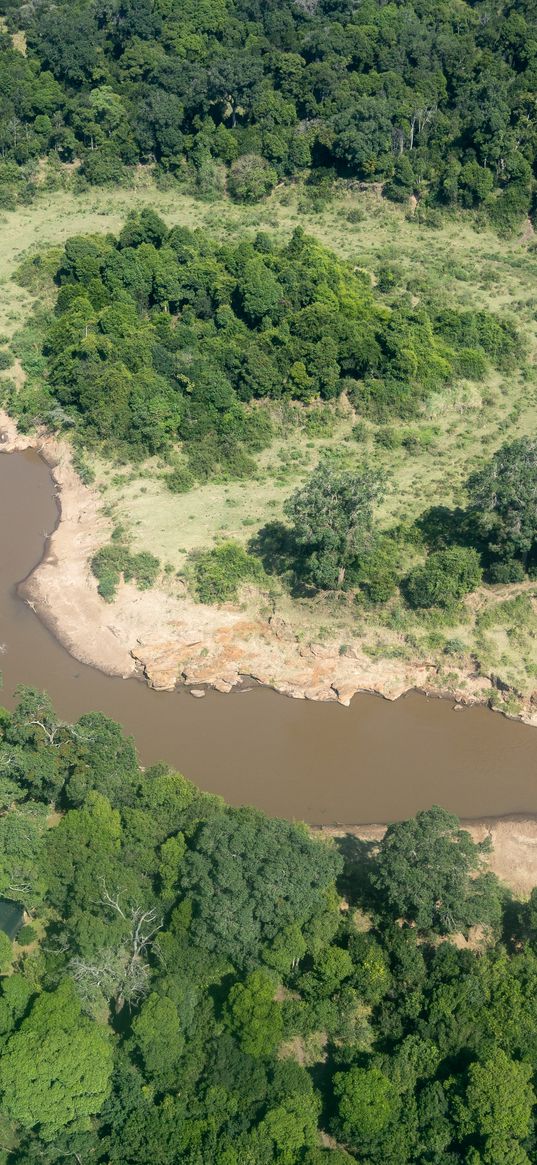 river, banks, trees, aerial view