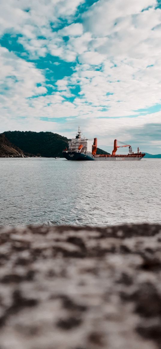 stone, sea, ship, barge, hill, clouds, sky