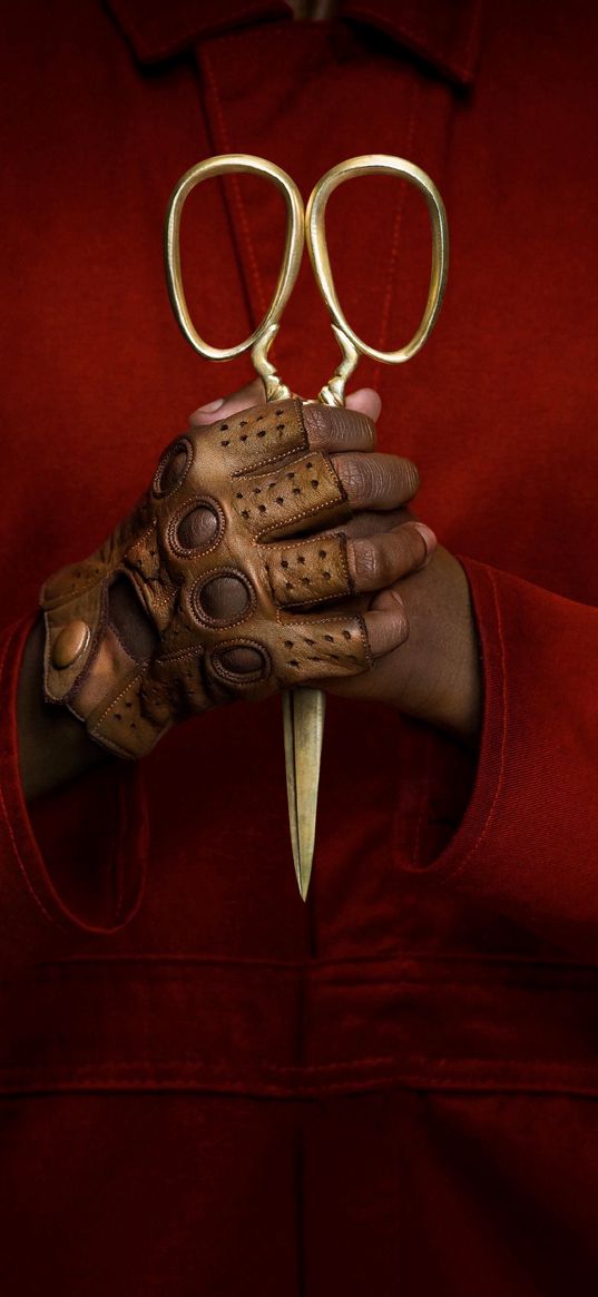 us, movie, horror, glove, scissors, red suit, poster