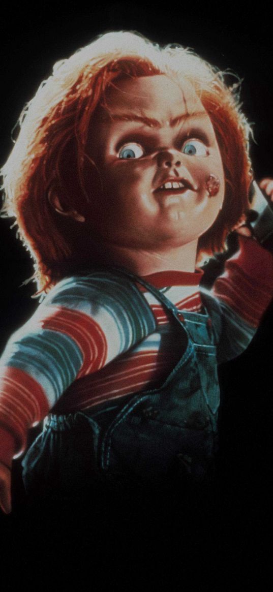 chucky, child's play, movie, horror, doll, scary, knife, black background, poster