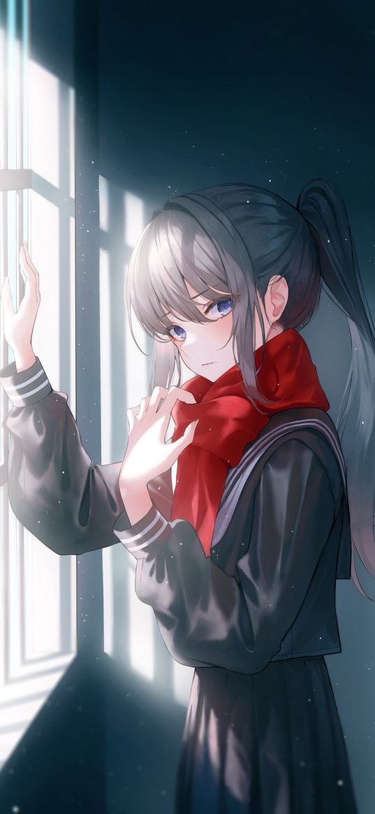 girl, blue eyes, school uniform, scarf, sad, lonely, window, lattice, anime, art