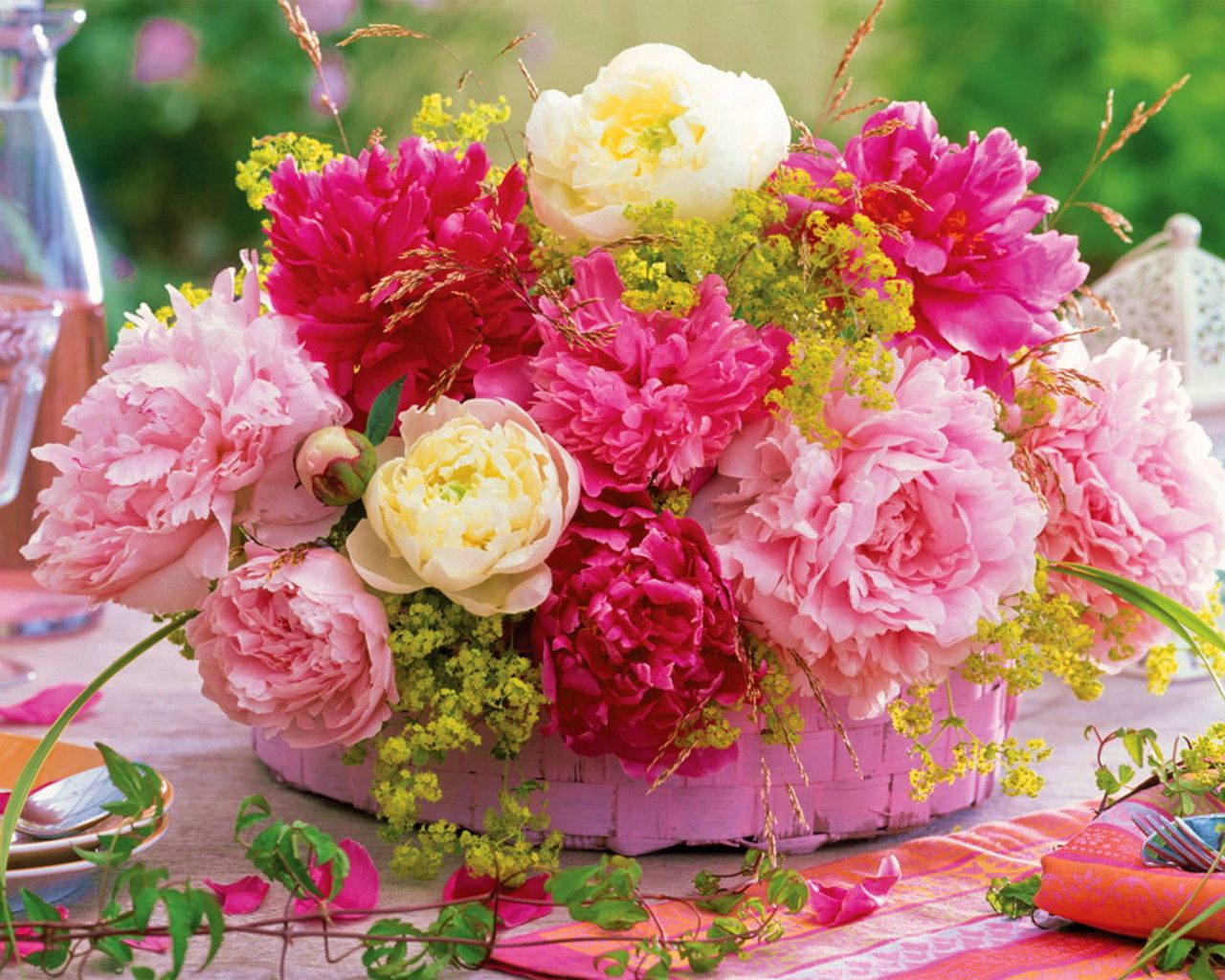 peonies, flower, basket, table, serving