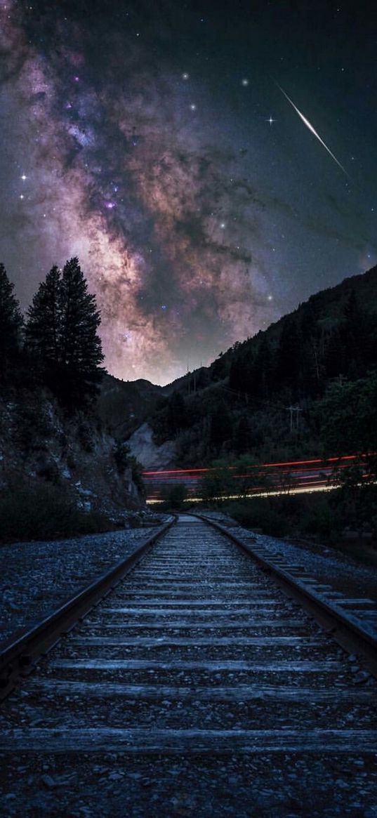 railroad, forest, mountain, starry sky