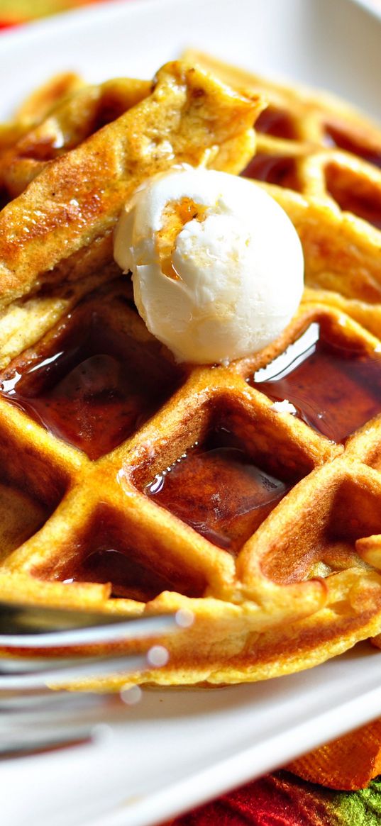 waffles, dessert, honey, ice cream, sweetness