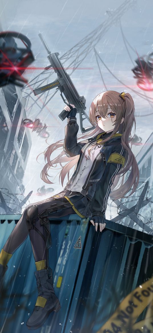 ump45, girls frontline, anime, girl, game, art, weapon, drone