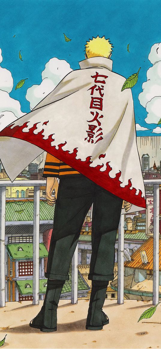 naruto, anime, guy, balcony, raincoat, houses, city, art