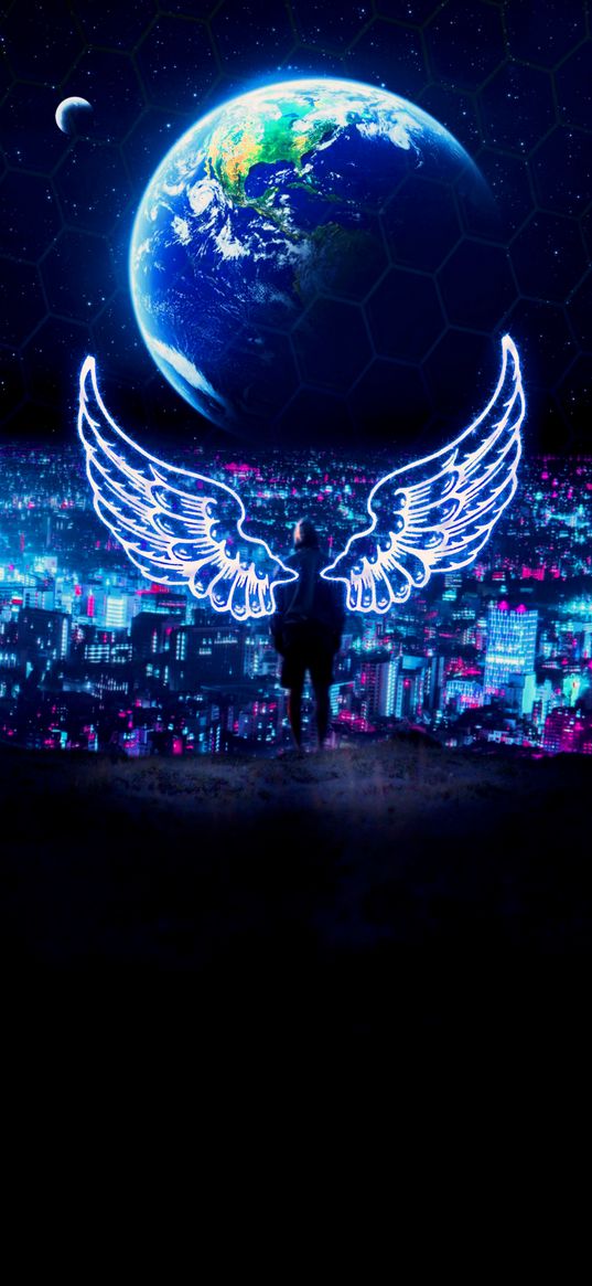 angel, guy, wings, planet, earth, city, lights, neon, night, art