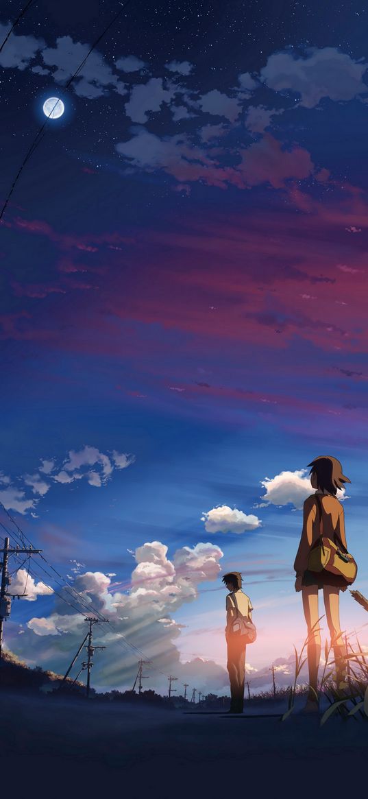 five centimeters per second, anime, couple, guy, girl, poles, wires, clouds, sunset, romance, art